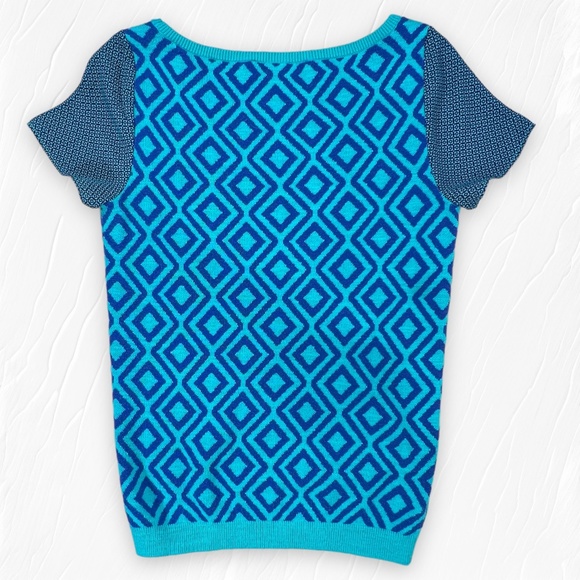 Ann Taylor Loft  Short Sleeve Sweater Geometric Diamond Print Aqua Blue Size XS - Picture 3 of 14